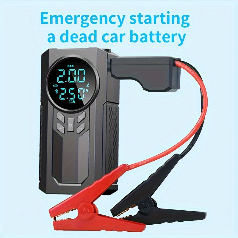 Portable cordless car battery emergency starter, tire air pump, air compressor to easily inflate tires, LED display, with flashlight, mobile power supply, large capacity storage