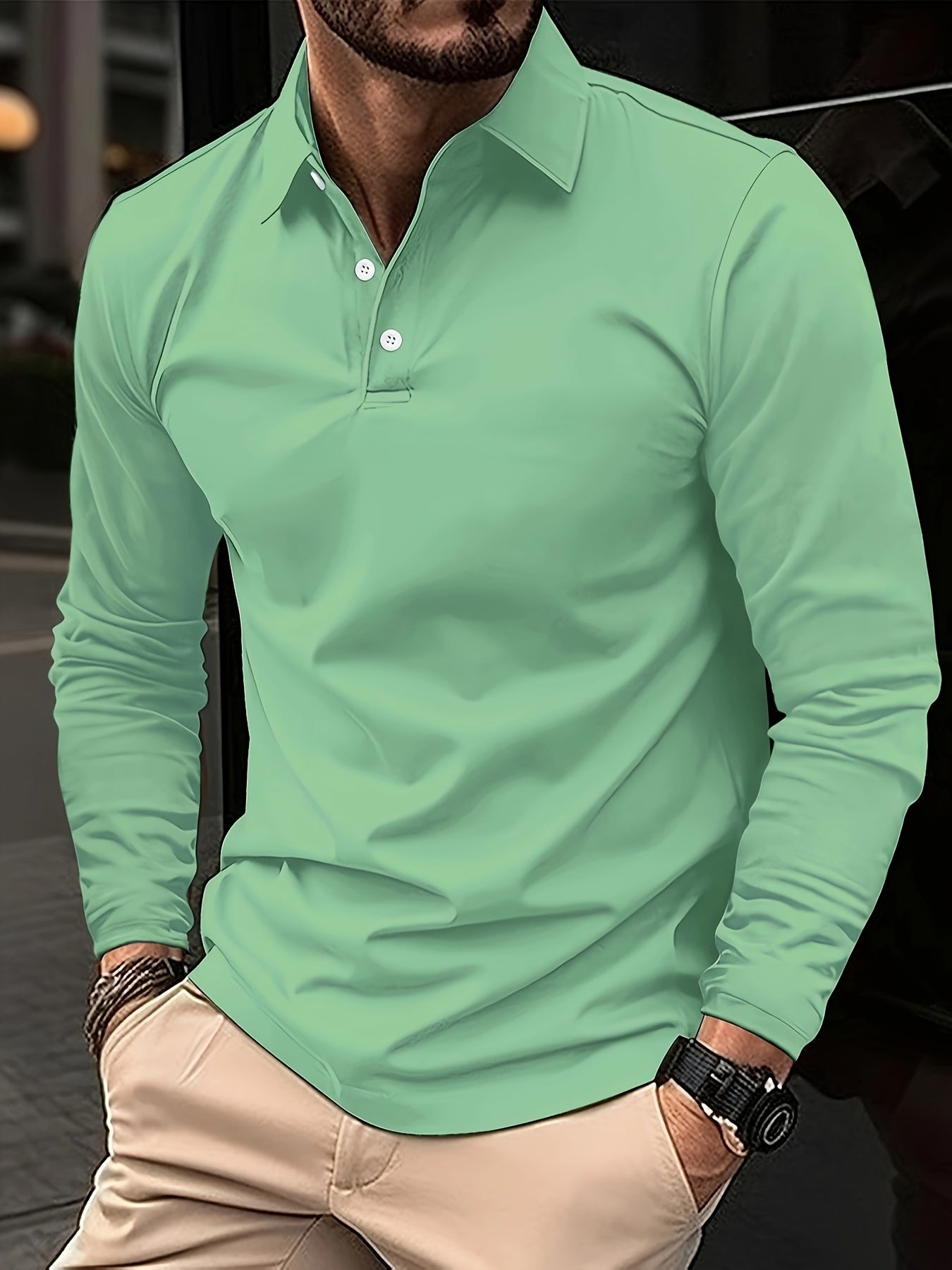 Solid Color Men's Comfy Stretch Long Sleeve Golf Lapel Shirt, Spring Fall, Gift For Men