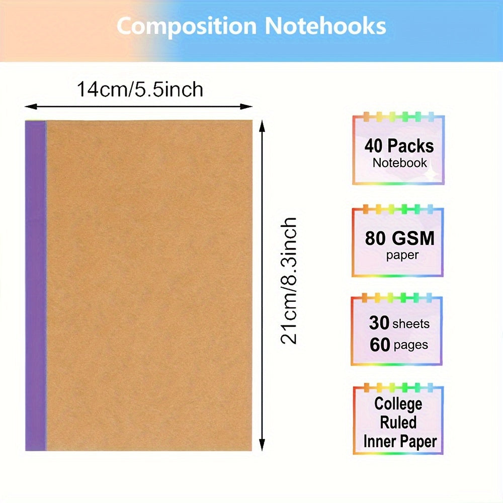 40 pacotes de caderno de papel Kraft A5, caderno de ensaio, forrado com diário solto, 8,3 x 5,5 polegadas, 12 cores, com bordas coloridas, 60 páginas, adequado para material de escritório escolar