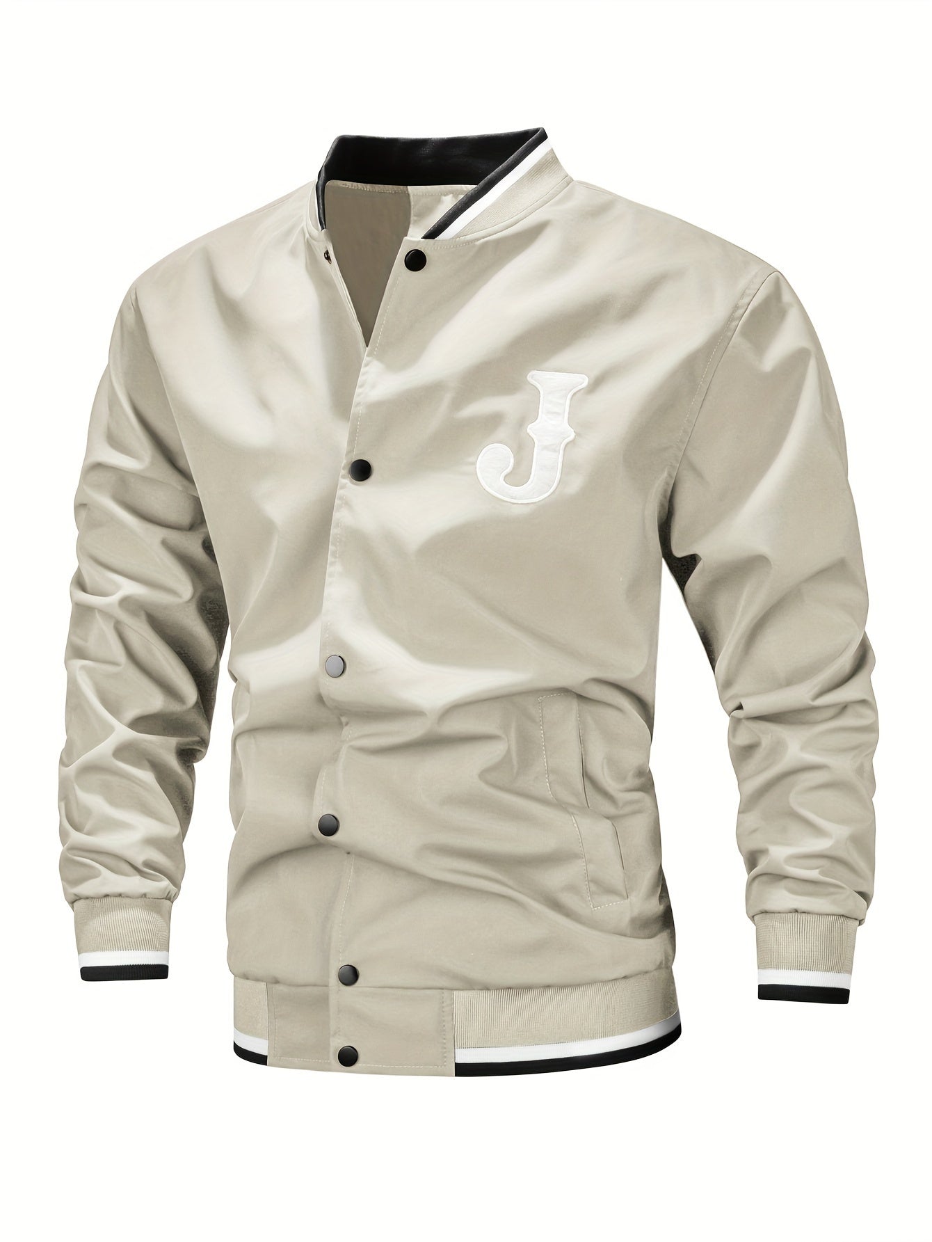 Men's Casual Letter Print Varsity Jacket, Chic Baseball Collar Button Up Bomber Jacket