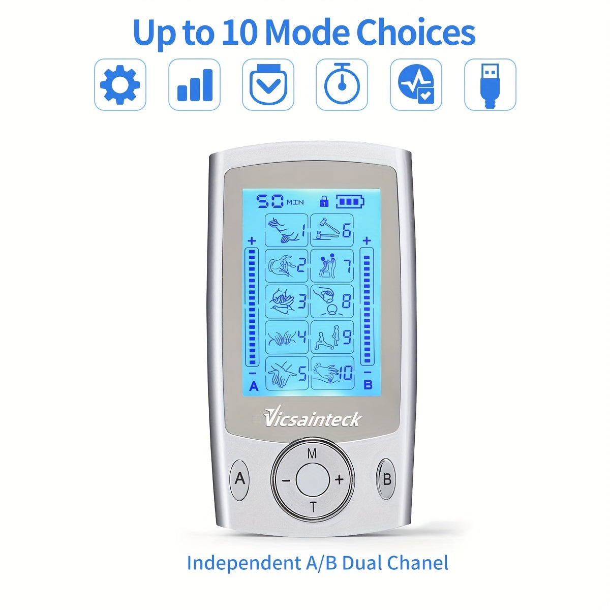 1 unid independiente doble canal decenas unidad estimulador muscular máquina, con 10 modos, portátil recargable 20 niveles de intensidad decenas máquina, con 4 unids 2 \