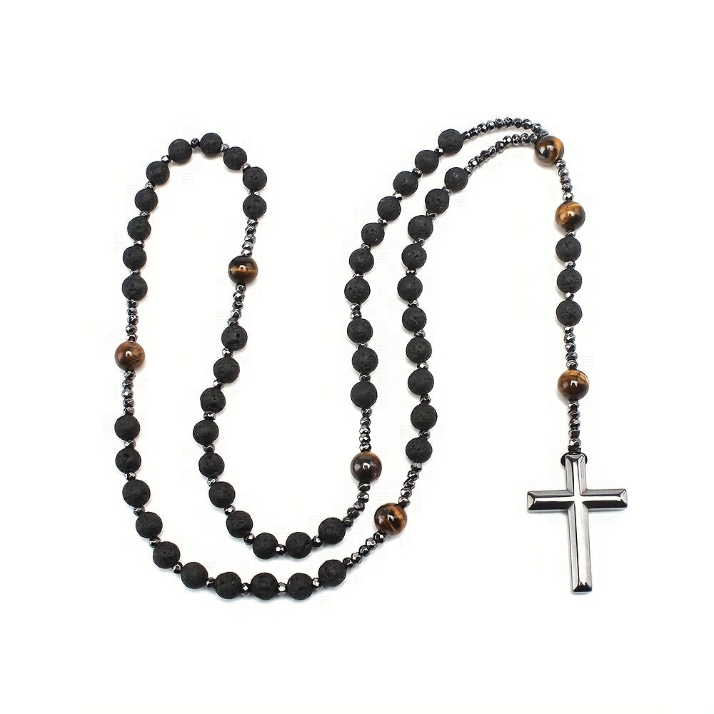 1pc 8mm Black Volcanic Rock 10mm Yellow Tiger Eye Black Gallstone Cross Religious Necklace