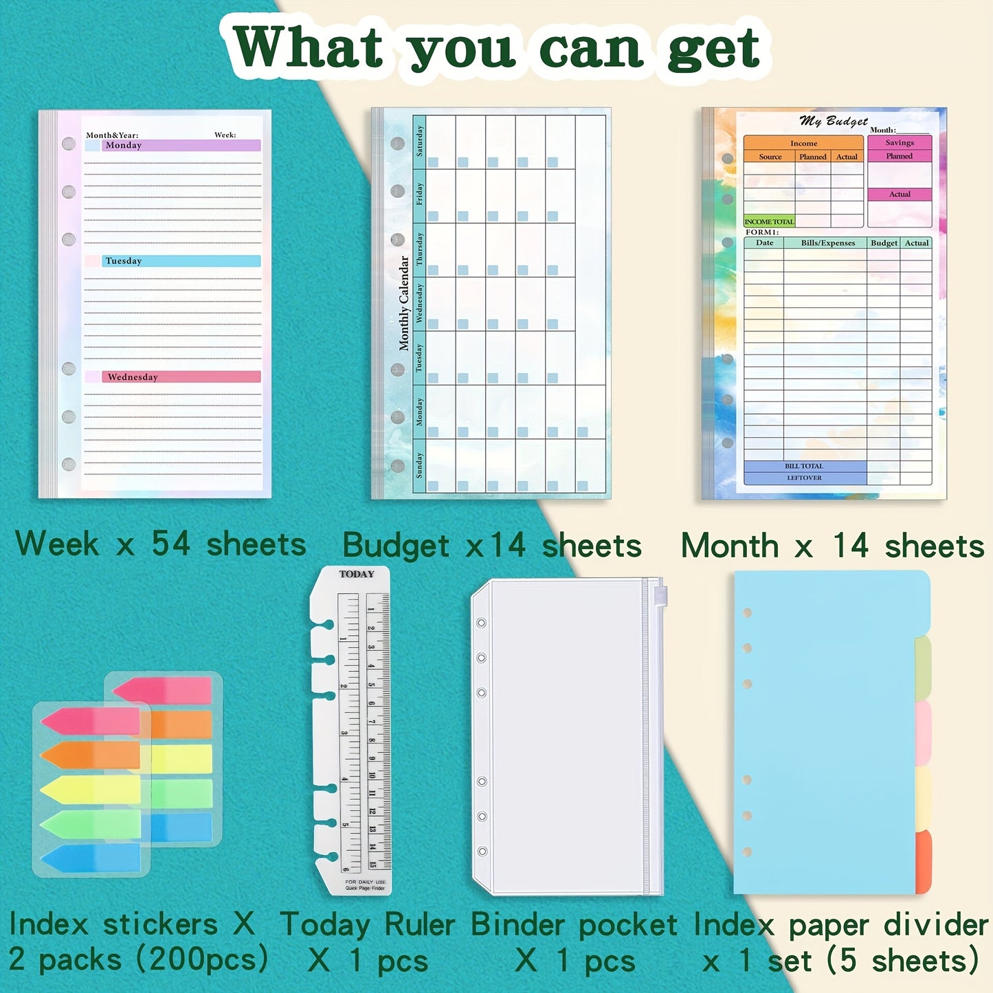 Organize Your Life: 82 Sheets 6-Hole Loose Leaf Paper Refill For Budget, Weekly & Monthly Planner Refills With Binder Pocket Sticker Rulers