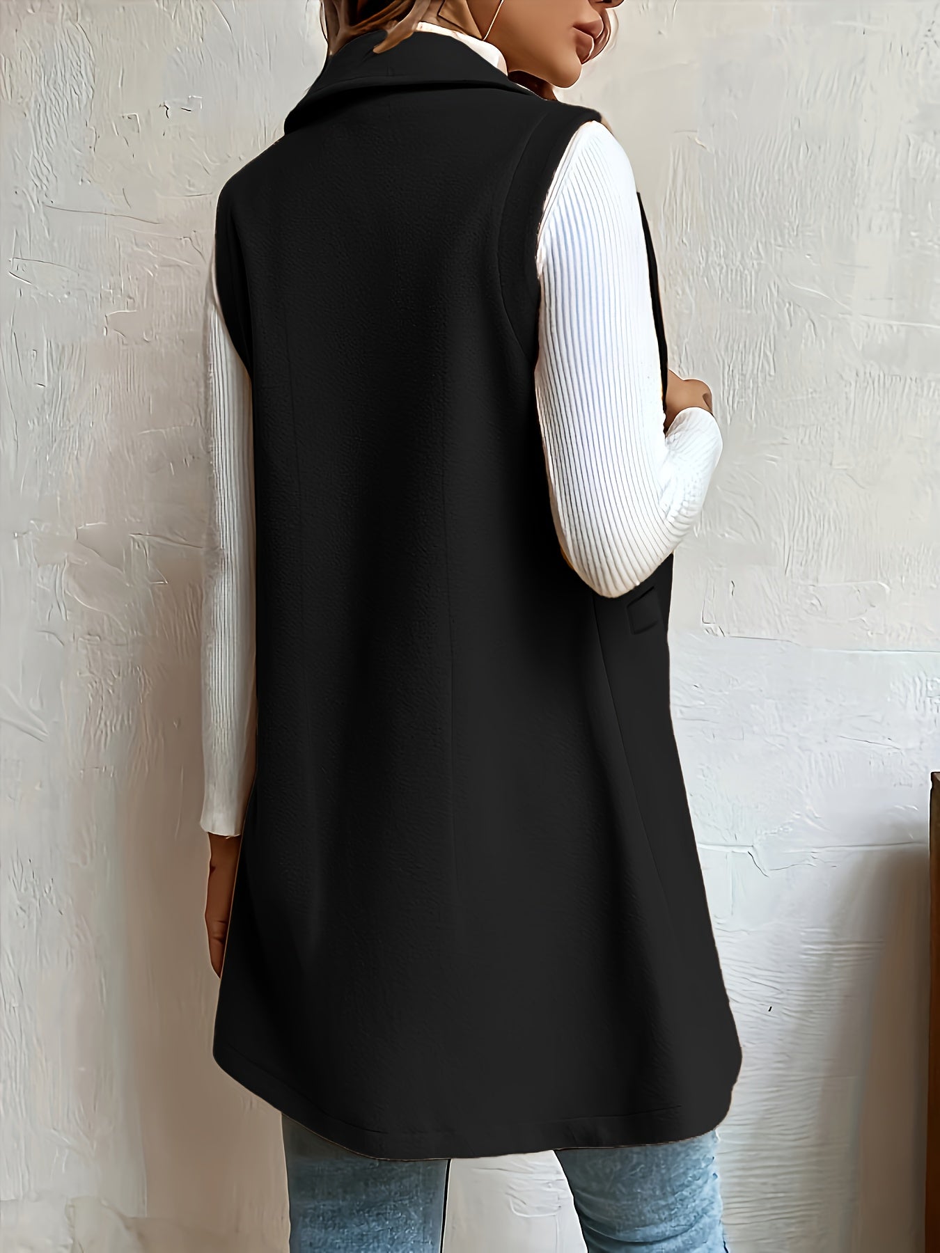 Solid Open Front Vest, Elegant Lapel Sleeveless Mid Length Vest, Women's Clothing