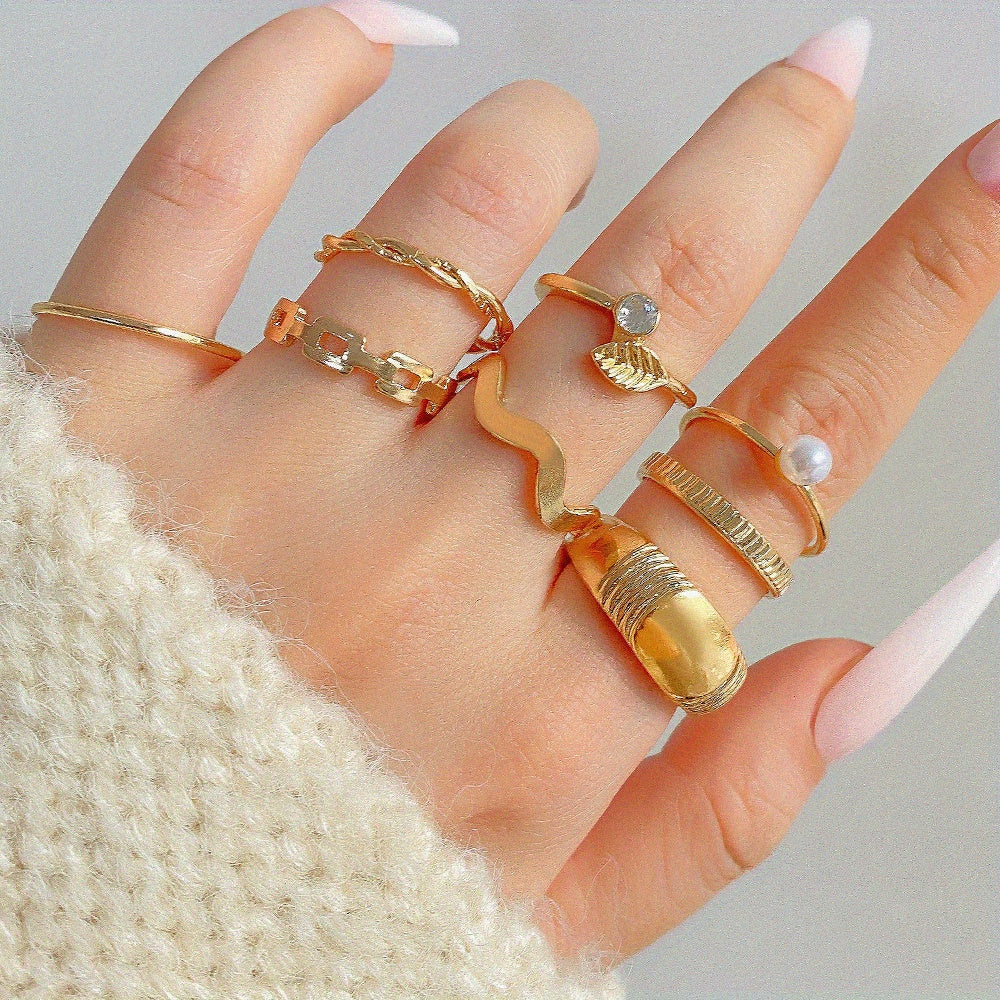 8pcs Y2k Style Stacking Rings Trendy Leaf \u002F Wave \u002F Chain Design Inlaid Rhinestone Mix And Match For Daily Outfits Party Accessories