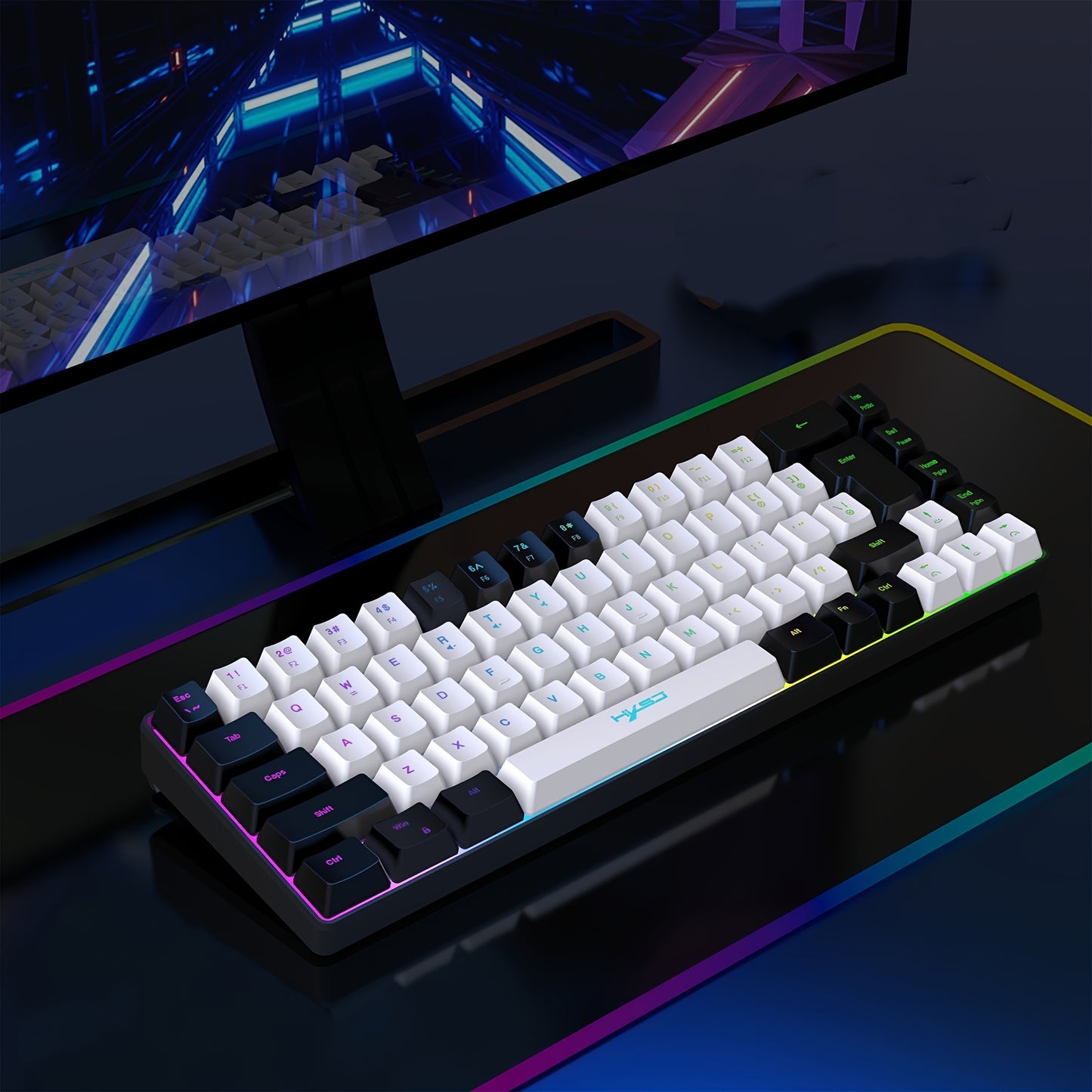 HXSJ- Black & White RGB Keyboard And Cellular Gaming Mouse, Compact 68-key Mini Wired Keyboard RGB Backlit 1000-6400 DPI Mouse, Keyboard And Mouse Gaming PS4 Xbox PC Laptop Mac