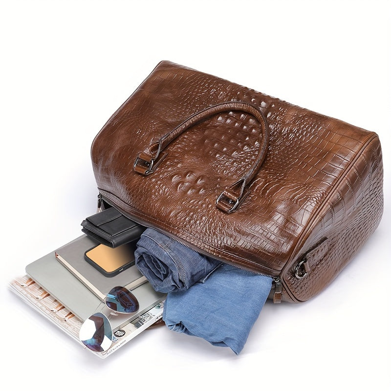 1pc Men's Crocodile Pattern Travel Bag, Casual Top Layer Cowhide Traveling Large Bag