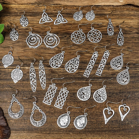 16 Paare \u002F Set Vintage geschnitztes Muster silberne baumelnde Ohrringe Retro ethnischen Stil Zinklegierung Schmuck zartes weibliches Geschenk