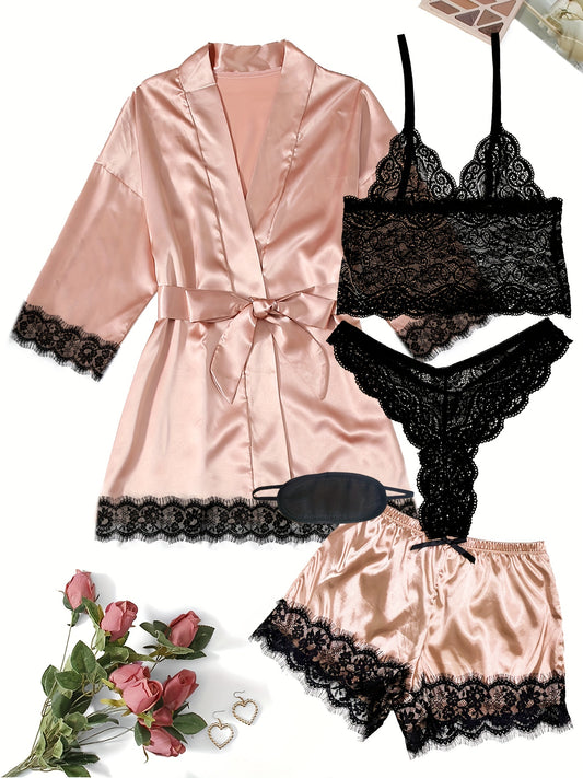 Elegant Floral Lace Satin Lounge Set, Long Sleeve Belted Robe & V Neck Cami Bra & Thongs & Shorts, Women's Loungewear & Sleepwear