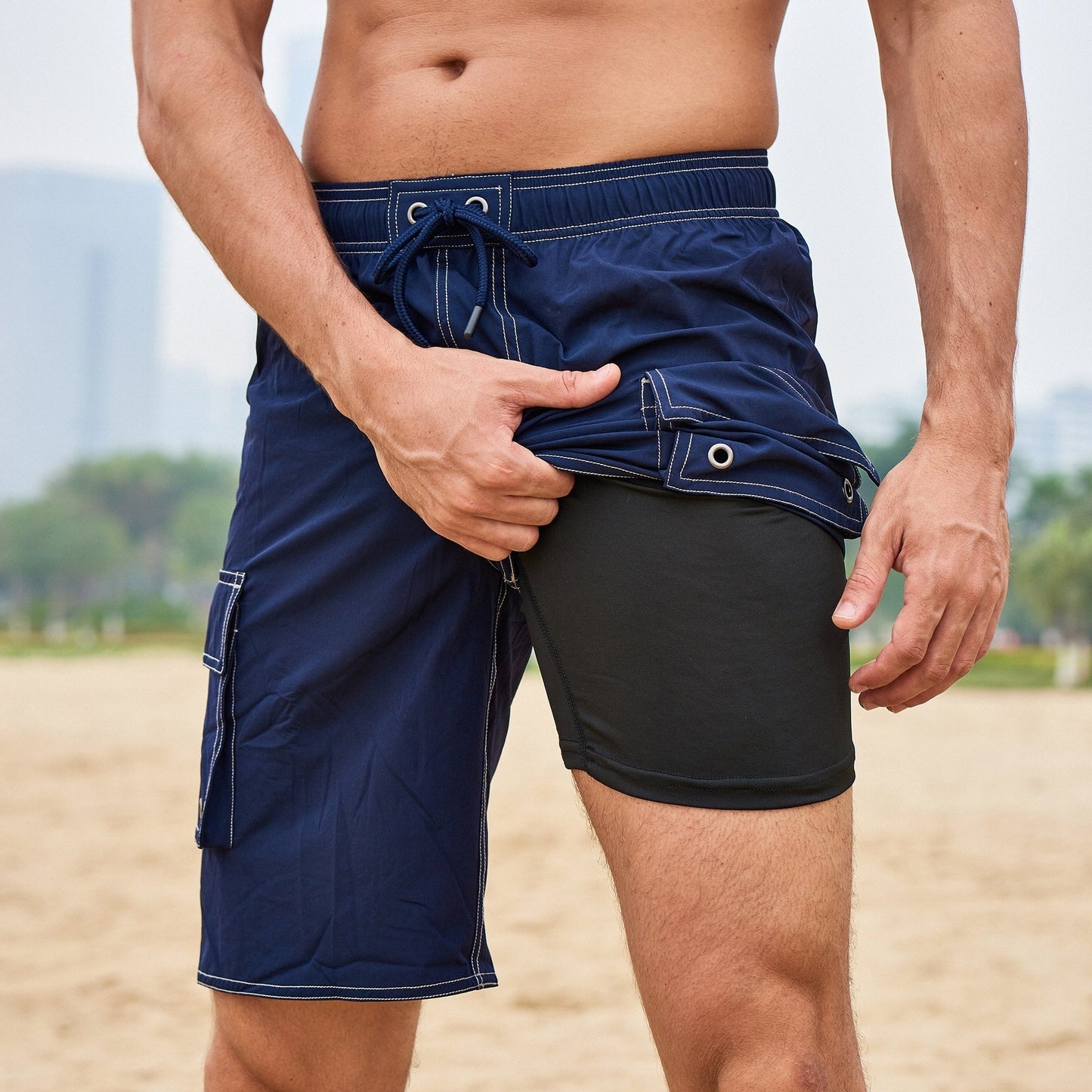 Plus Size Men's Quick Dry Beach Shorts, Casual Swimwear With Flap Pockets For Summer