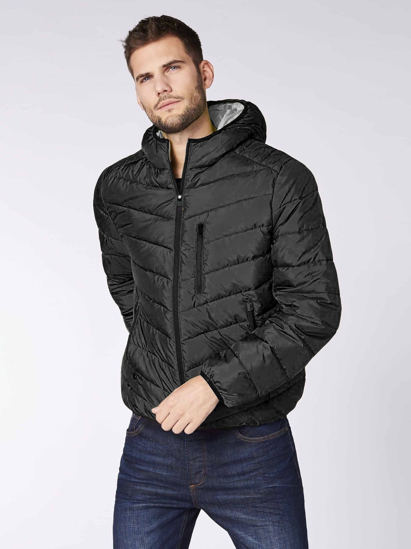 Men's Plus Size Solid Chevron Hooded Quilted Jacket For Winter, Regular Lighweight Padded Outwear For Big & Tall Males, Men's Clothing Winter Coat Vest For Hunting Hiking Camping Fishing