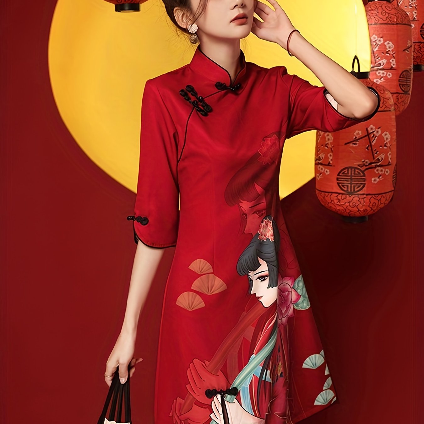 Girl Print Cheongsam Dress, Vintage Chinese Style Slim Qipao Dress, Women's Clothing