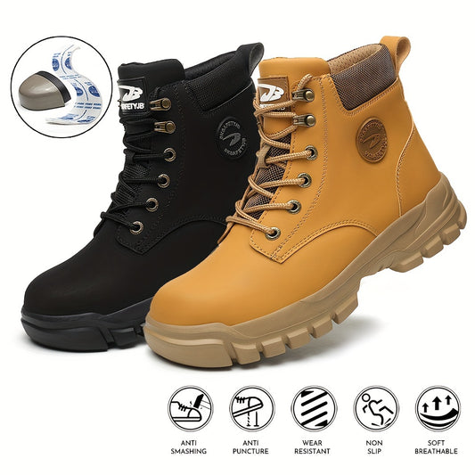 Plus Size Men's High Top Steel Toe Work Boots, Comfy Non Slip Lace Up Casual Classic Shoes For Men's Outdoor Activities