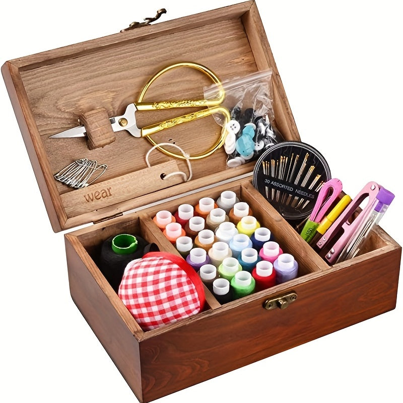 1pc Household Vintage Wooden Sewing Box, DIY Sewing Tools Wooden Sewing Box, Multifunctional Solid Wood Needle And Thread Storage Box Art Supplies