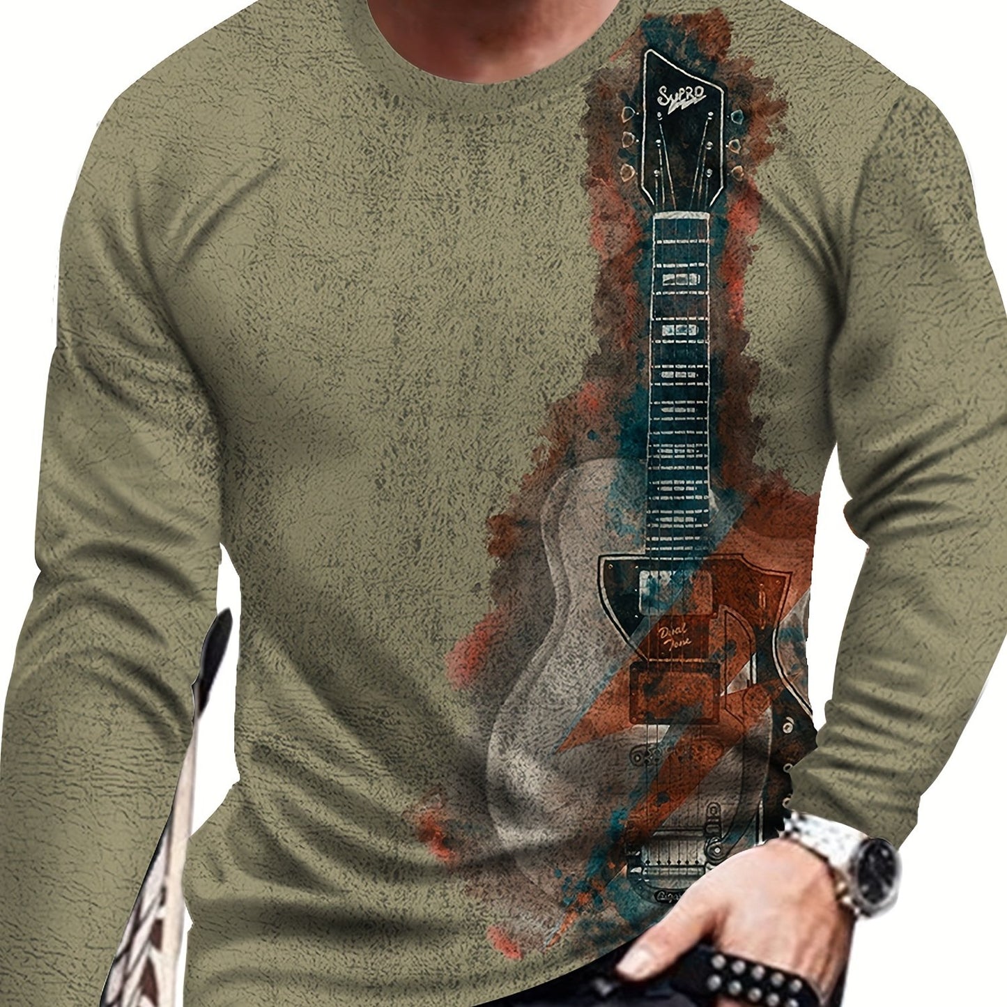 Guitar Pattern 3D Digital Print Men's Vintage Long Sleeve T-shirt, Spring Fall, Gift For Men