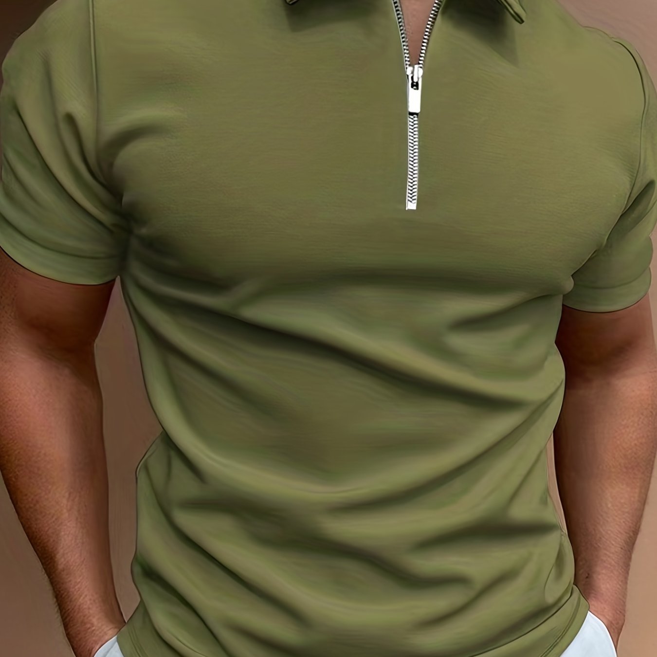 Plus Size Men's Solid Color Shirt, Lapel Zipper T-shirt, Male Casual Streetwear