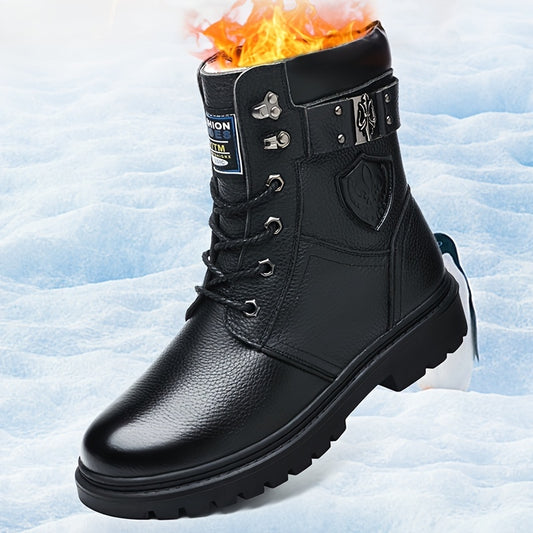 Men's Fuzz Lined High-top Winter Boots, Waterproof Anti-skid Lace-up Boots With PU Leather Uppers For Outdoor