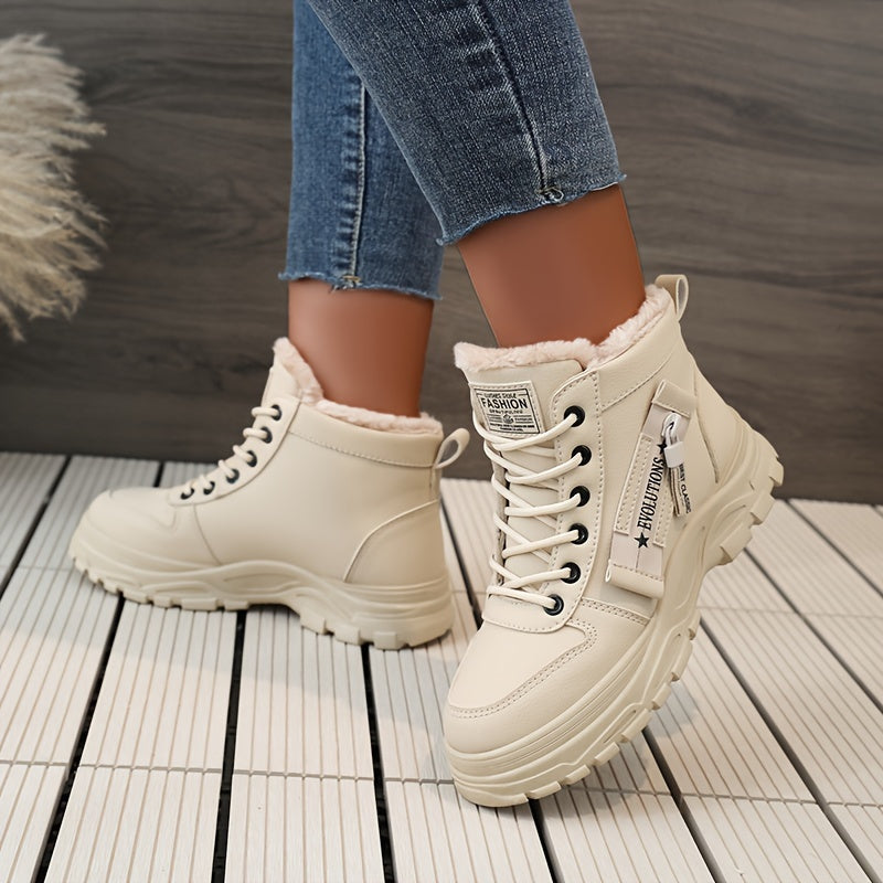 Women's Solid Color Platform Sneakers, Casual Lace Up Side Zipper Outdoor Shoes, Comfortable Plush Lined Shoes