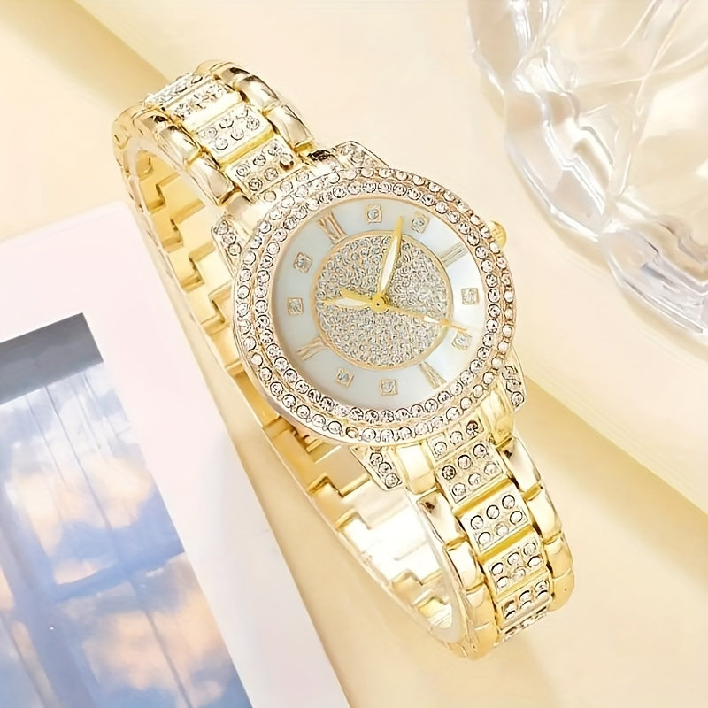 6pcs\u002Fset Women's Watch Luxury Rhinestone Quartz Watch Analog Stainless Steel Wrist Watch & Jewelry Set, Gift For Mom Her