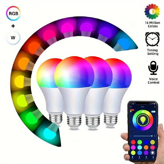 (4pcs) Bombillas inteligentes para el dormitorio en casa, bombillas inalámbricas con control de aplicación, bombillas LED RGBW que cambian de color, sincronización de música regulable, A19 E26 9W 800LM,(no es compatible con Alexa \ u002FGoogle \ u002FWiFi