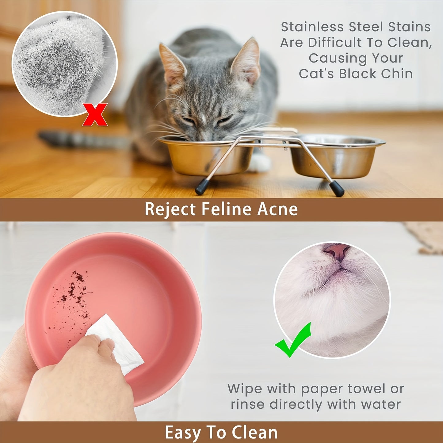 Elevated Pet Double Bowls, Ceramic Non-slip Cat Food And Water Bowl With Wooden Stand, Easy To Clean Cat Feeding Basin For Small Sized Cats And Dogs .