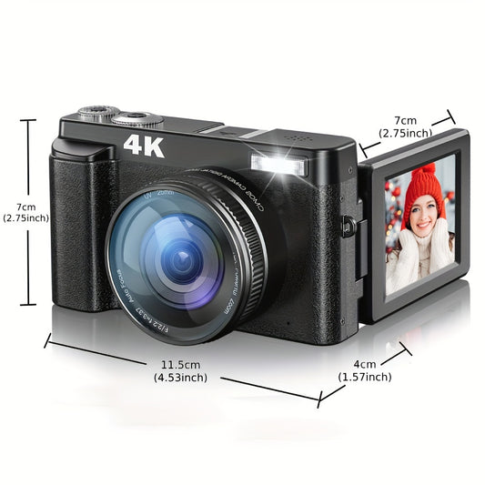 4K Digital Camera For Photography And Video Autofocus Anti-Shake, 48MP Vlogging Camera With SD Card, 3'' 180° Flip Screen Compact Camera With Flash, 16X Digital Zoom