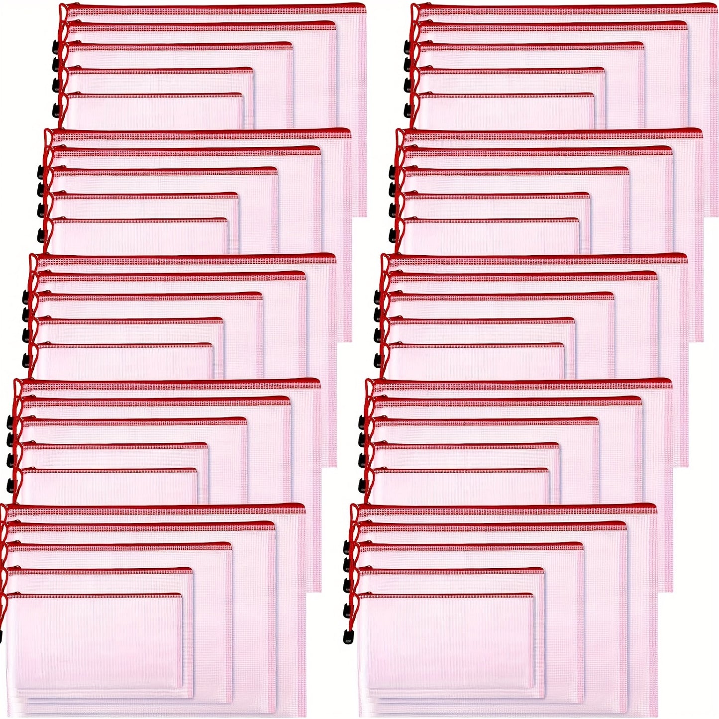 50pcs Mesh Zipper Pouch Zipper Bags 5 Sizes Waterproof Storage Bags Travel Pouches With Zipper Plastic Puzzle Bag Multipurpose File Bags For Home Office School Supplies Organizing (Pink)