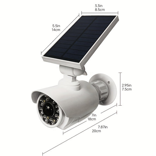 2 pacotes de câmera fictícia movida a energia solar, câmera de segurança falsa com luz de detecção de sensor de movimento PIR LED, luz de inundação para jardim, exterior, casas, escritório, lojas, garagem