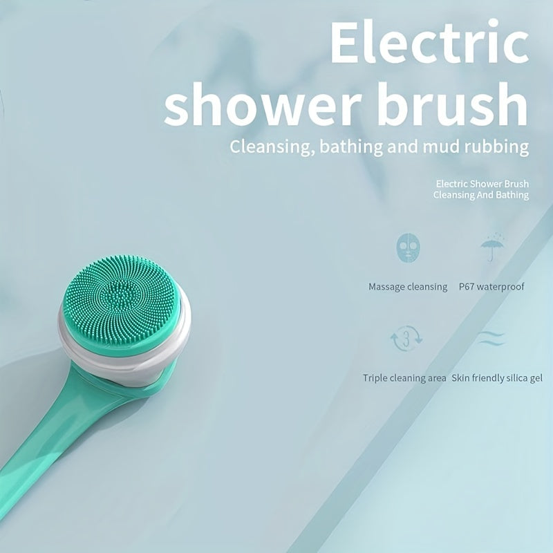 Cepillo de baño eléctrico recargable con mango largo y 5 cabezales de cepillo facial de ducha de giro-Depillador corporal de silicona impermeable para limpieza profunda y exfoliación-Ideal para mujeres y hombres