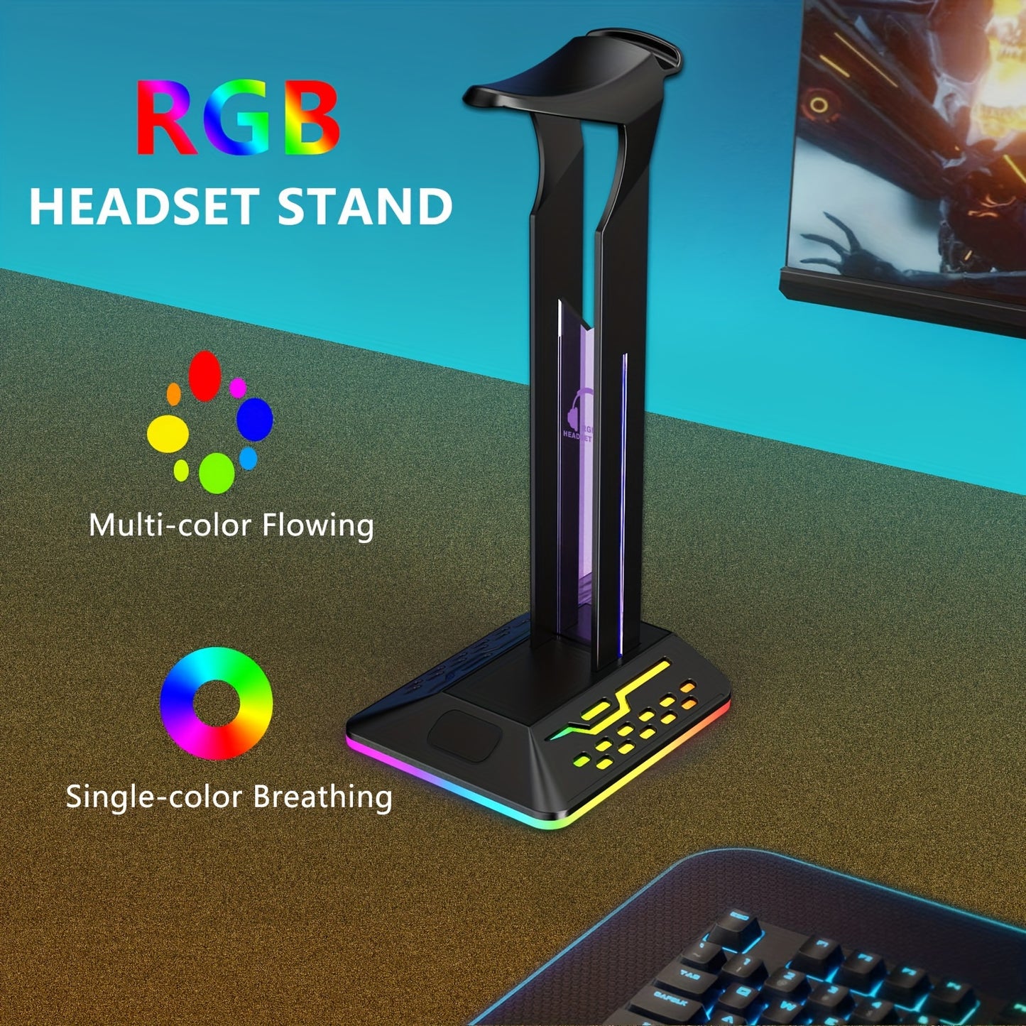 Gaming Headset Stand Headphone With Cable Hook 7 RGB Lighting Effects Anti-slip Base