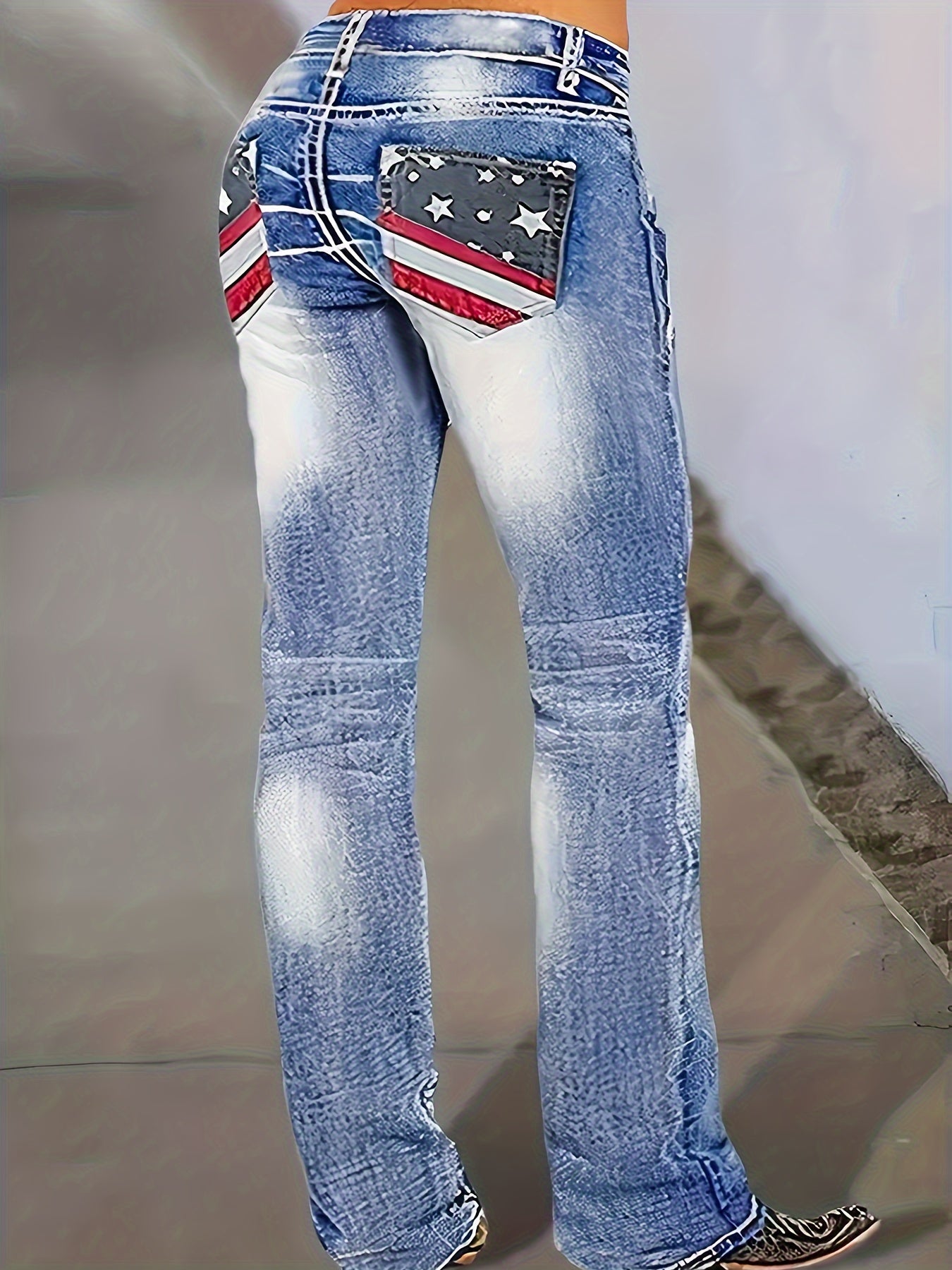 Plicated Pattern Bootcut Jeans, Star & Stripe Printed Patched Pocket Back Casual Denim Pants, Women's Denim Jeans & Clothing