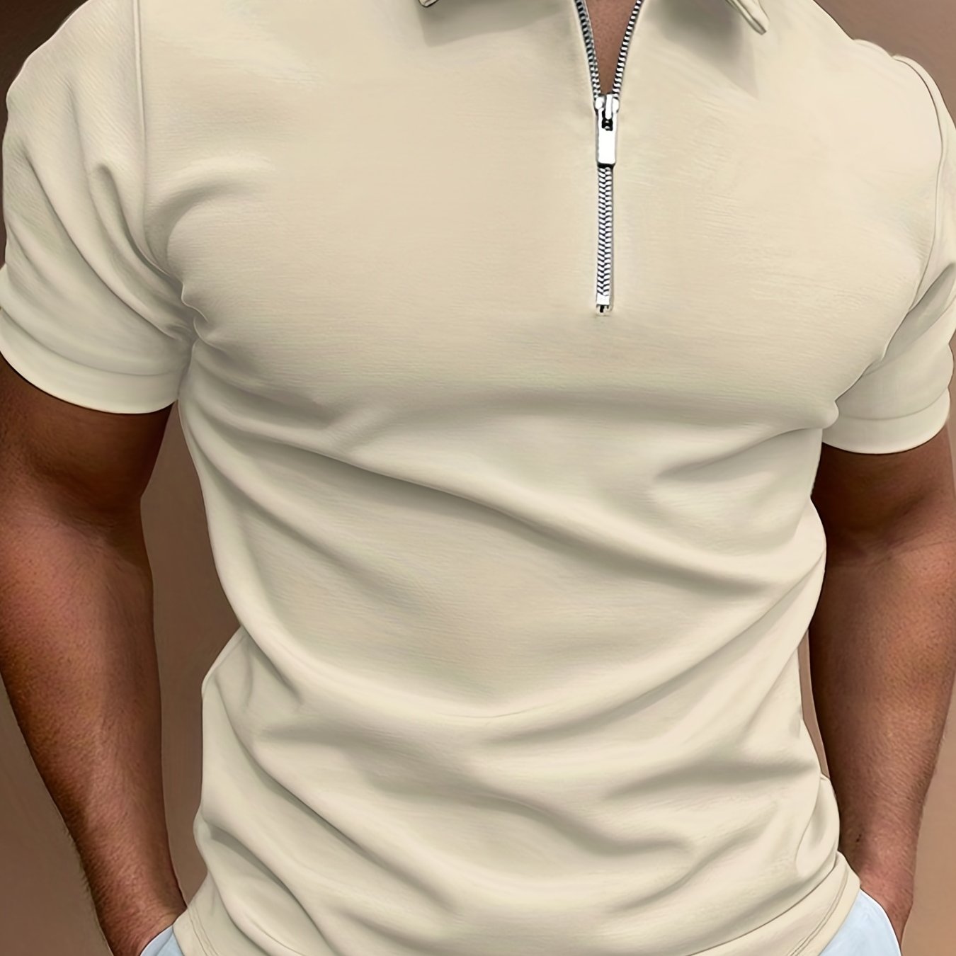 Plus Size Men's Solid Color Shirt, Lapel Zipper T-shirt, Male Casual Streetwear