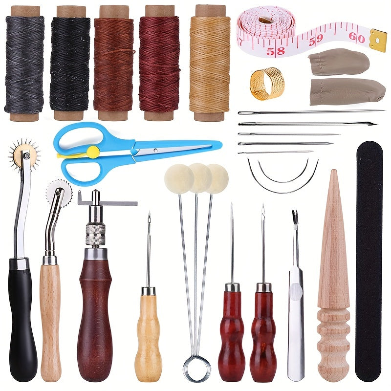 Kit de réparation de couture en cuir, 5 couleurs de fil ciré, aiguilles à coudre à la main en cuir avec rainureuse en cuir, poinçon à coudre et autres outils en cuir pour les débutants en cuir bricolage