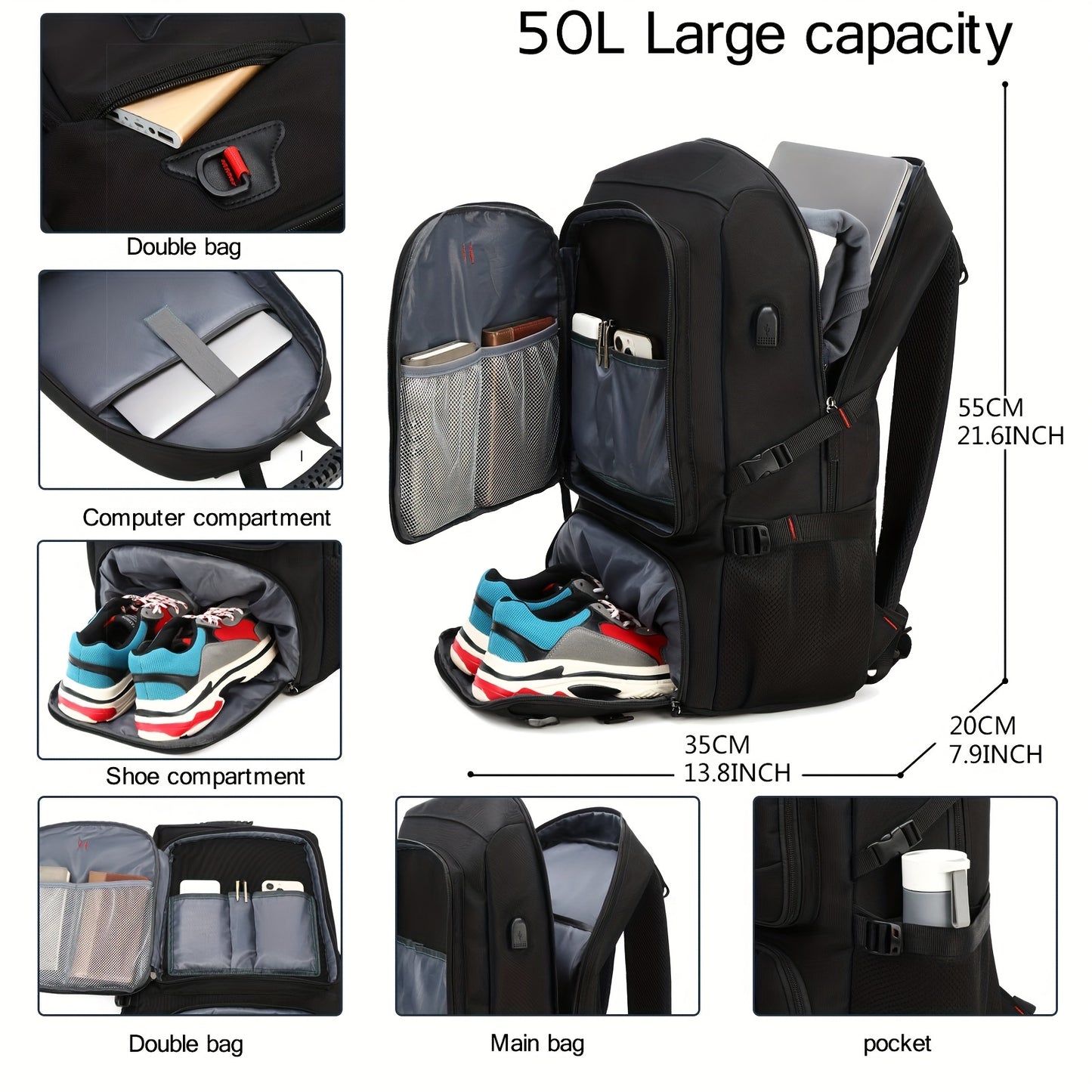 13.21gal Waterproof Travel Backpack, Large Capacity 17inch Laptop Schoolbag, Carry On Luggage Rucksack With Shoes Compartment