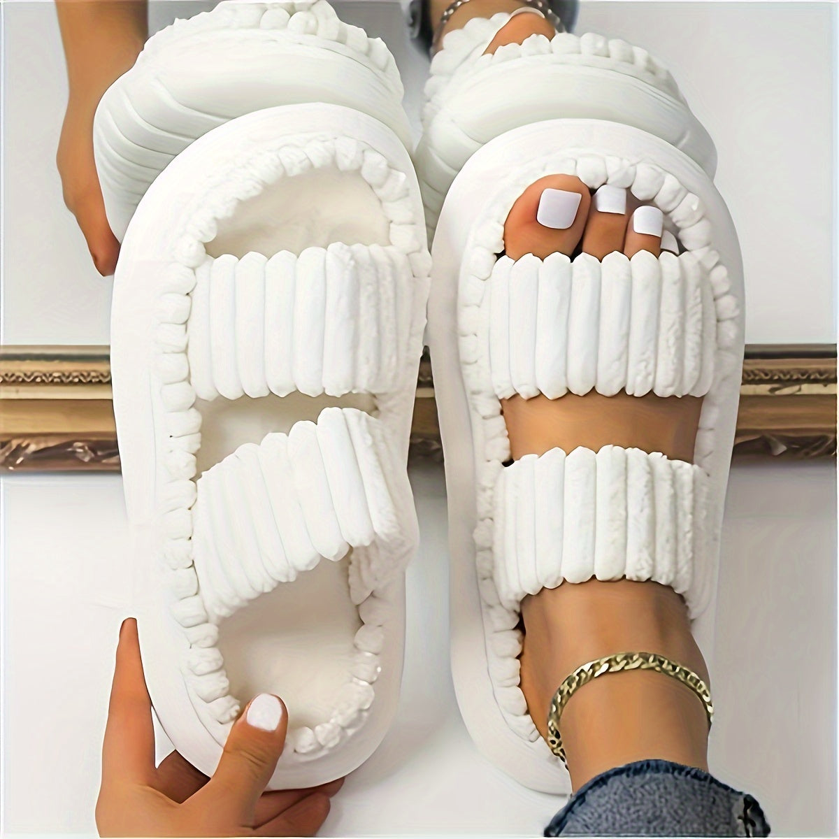 Women's Double Straps Plush Slippers, Solid Color Open Toe Non Slip Comfy Slides Shoes, Fashion Indoor Platform Slippers