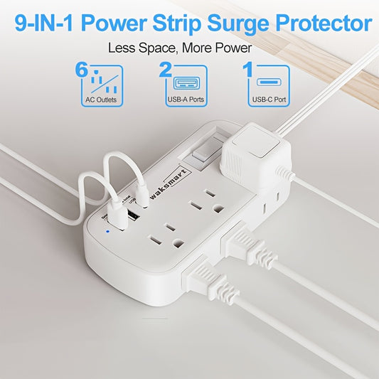 Tira plana del poder del protector de sobretensiones del enchufe, Waksmart cable de extensión ultra fino de 5 ft con el cargador de la pared de 3 USB (1 USB C), soporte compacto de la pared de la estación de carga del escritorio de 6 salidas para la ofici