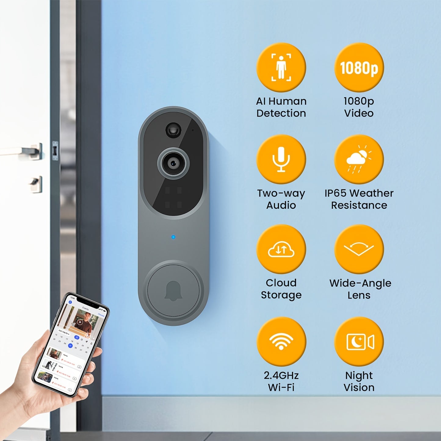 Wireless Smart 1080p AI Doorbell Camera with Chime, Two-Way Audio, AI Human Detection, Night Vision Outdoor Camera, IP65 Waterproof, Battery Rechargeable, 2.4Ghz Wifi, Real-time Alerts, Cloud Storage Service