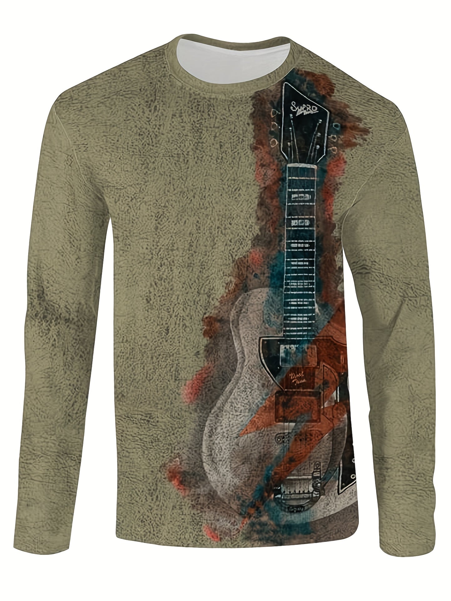 Guitar Pattern 3D Digital Print Men's Vintage Long Sleeve T-shirt, Spring Fall, Gift For Men