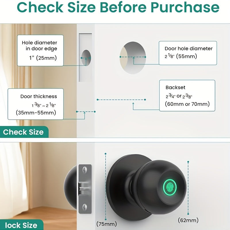 Perilla de puerta inteligente, cerradura de puerta de huella digital cerradura inteligente cerradura de puerta biométrica perilla de puerta de huella digital con control de aplicación, adecuado para dormitorio, guardarropa, oficinas de apartamentos, hotel