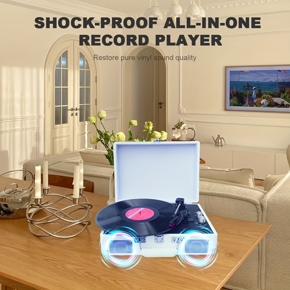 1pc Wireless Vinyl Record Player Speaker With Wireless 5.0,Support 7\u002F10\u002F12 Inch Vinyl Record,Vinyl Turntable Record Player Built In Stereo Speakers,Replacement Needle, Supports RCA Line Out,AUX In,Rechargeable Battery,Portable Vintage Suitcase.
