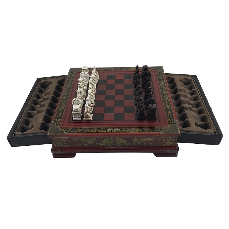 Antikes Schach Drei dimensionale Terrakotta-Armee-Schachfiguren, hochwertige Retro-Holztisch-Schach handgemacht 26*26CM (10,24*10,24 IN) Halloween \ u002FThanksgiving Day \ u002FWeihnachts geschenk, Gaming-Geschenk