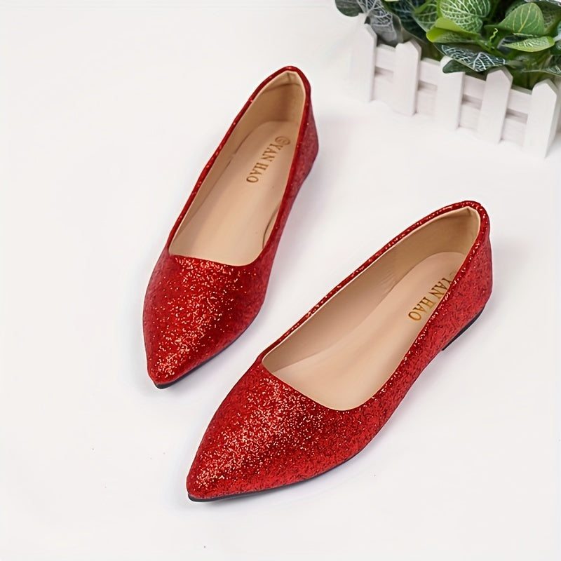 Women's Glitter Design Flat Shoes, Elegant Point Toe Slip On Shoes, Lightweight & Comfortable Shoes