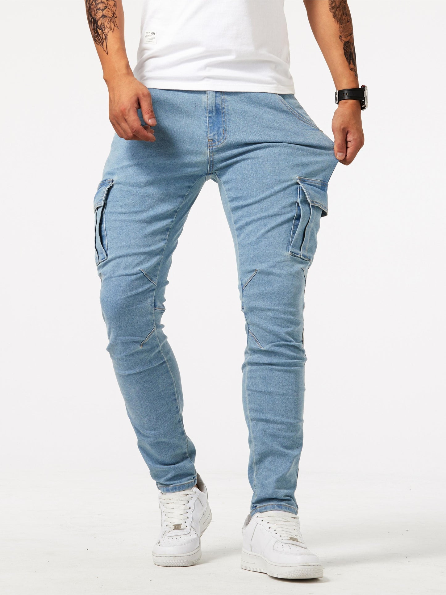 Men's Casual Multi Pocket Jeans, Street Style Medium Stretch Denim Pants