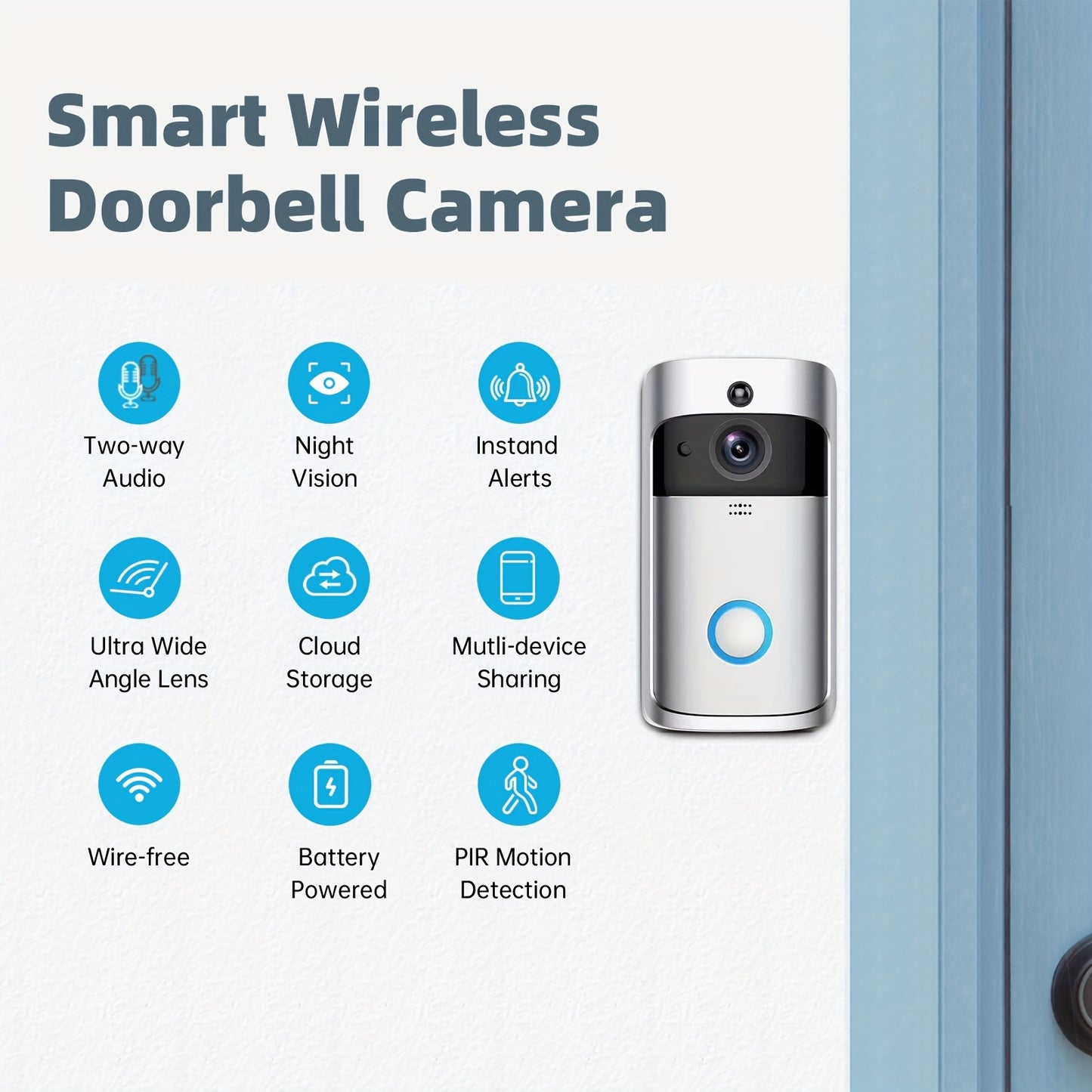 Wireless Video Doorbell Camera With Chime, Home Security Camera Doorbell With Cloud Storage, WIFI Video Doorbell, Night Vision, 2-Way Audio, Battery Powered, PIR Motion Detection, Silver Color