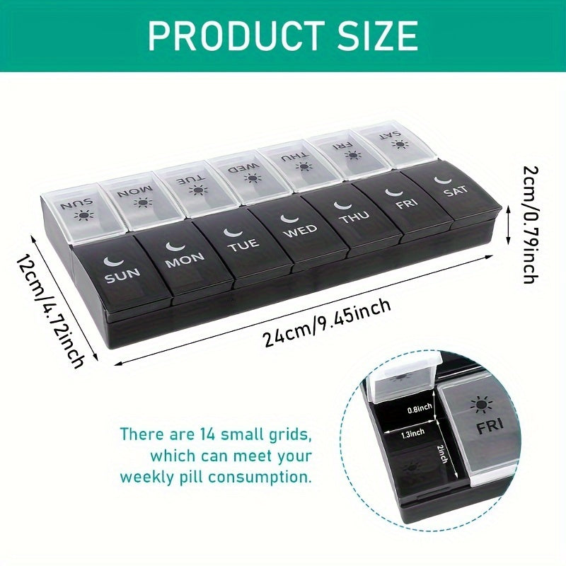 1pc Nueva caja de píldora semanal de 7 días, caja de píldora de doble fila de 14 rejillas por la mañana y por la noche, caja de empaquetado de gran capacidad de la píldora portátil, caja de almacenamiento de la medicina