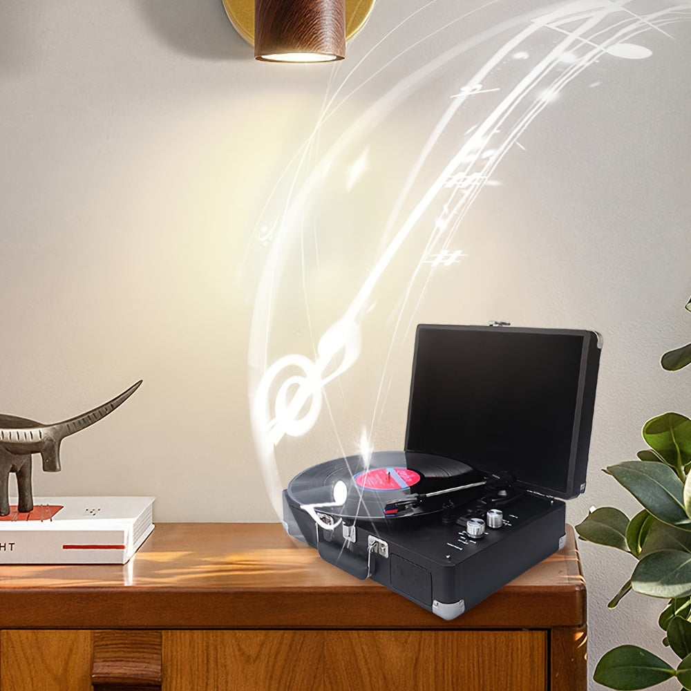 1pc Wireless Vinyl Record Player Speaker With Wireless 5.0,Support 7\u002F10\u002F12 Inch Vinyl Record,Vinyl Turntable Record Player Built In Stereo Speakers,Replacement Needle, Supports RCA Line Out,AUX In,Rechargeable Battery,Portable Vintage Suitcase.