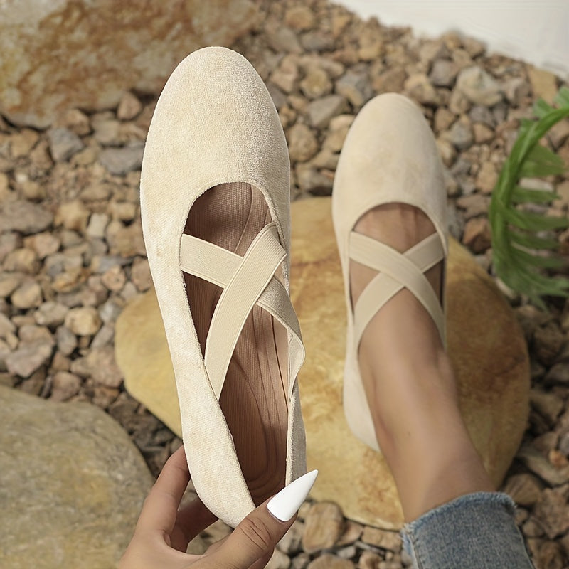 Femmes Cross Strap Ballet Flats, Solide Couleur Sangle Élastique Slip Sur Chaussures, Casual Soft Sole Flats