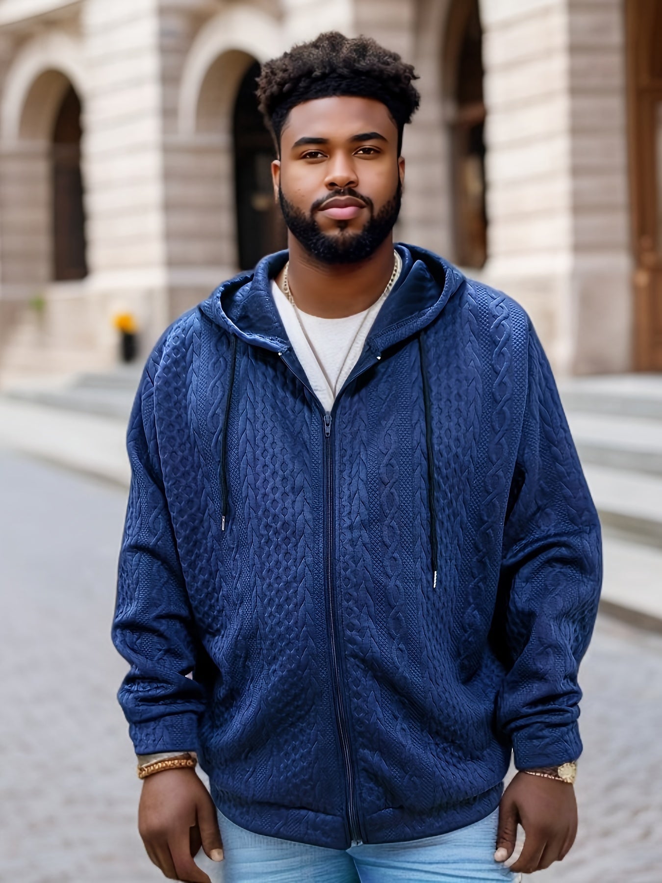 Más tamaño sólido jacquard Sudaderas moda casual chaqueta con capucha para Otoño Invierno, ropa de los hombres