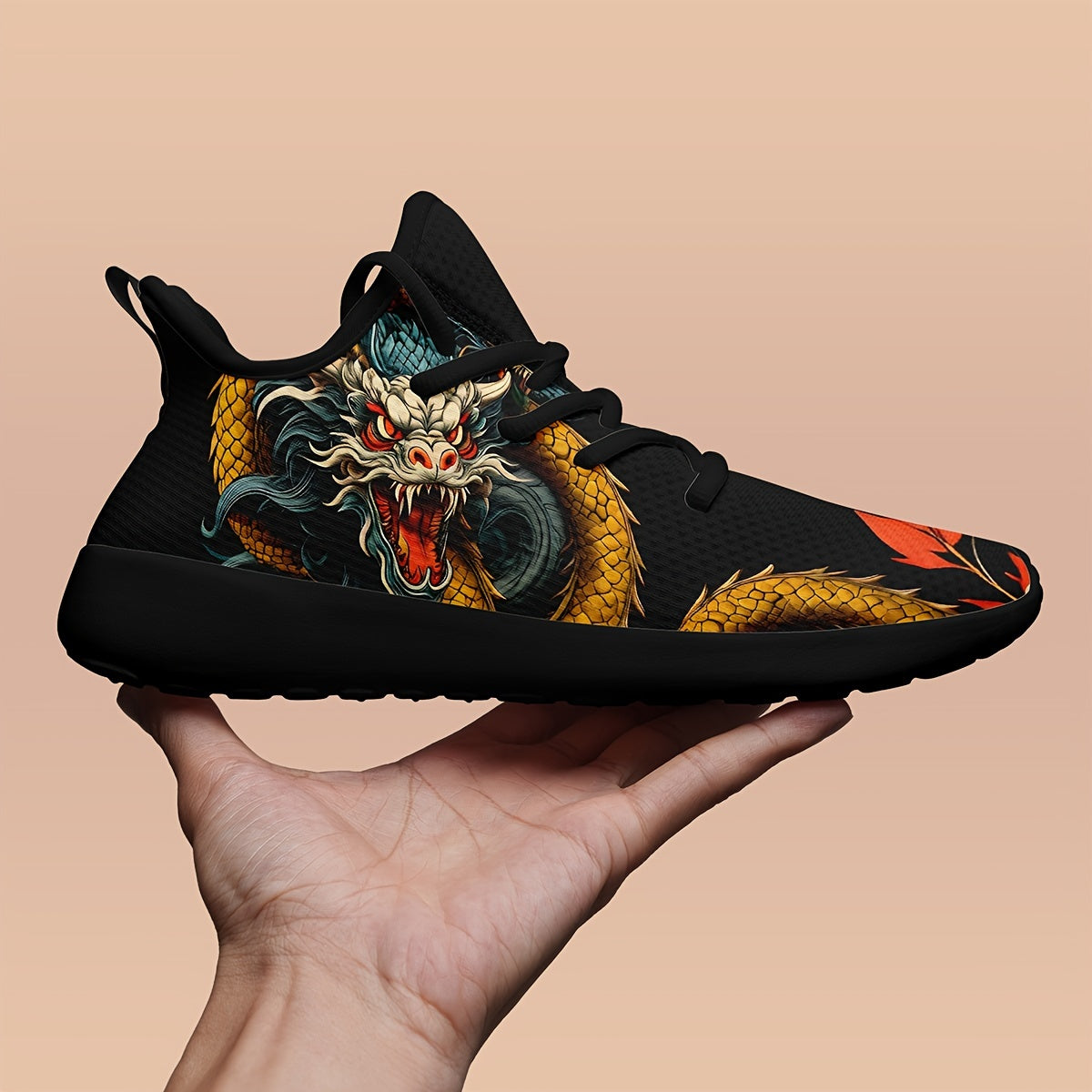 Atmungsaktive Laufschuhe aus chinesischem Drachen-Grafikdesign für Männer, bequeme weiche Sohle-Stoßdämpfer-Schnürschuhe