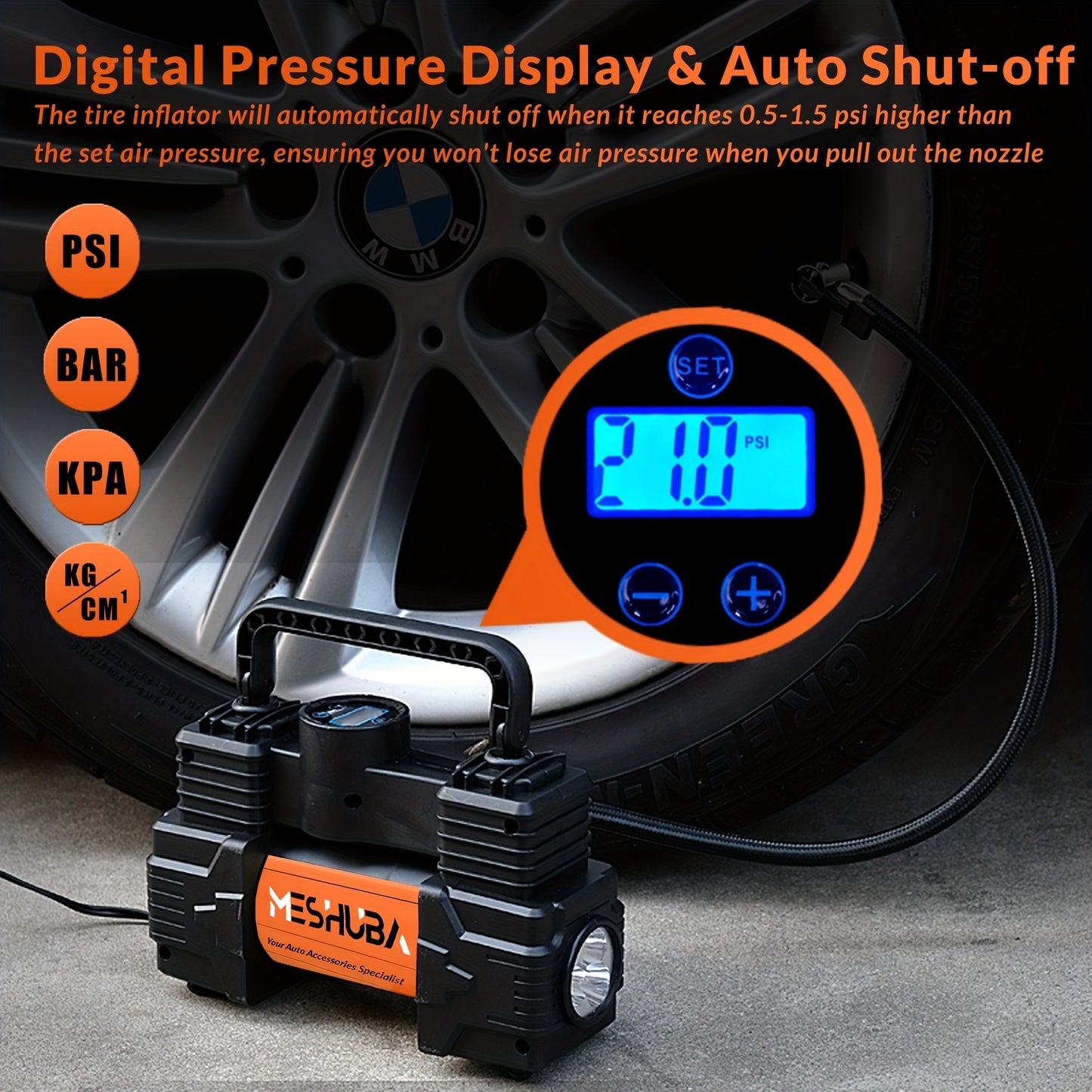 Inflador de pneus MESHUBA Compressor de ar portátil de 12 V, bomba de ar de 150 PSI para pneus de carro com manômetro digital para bola de motor de bicicleta de carro, laranja